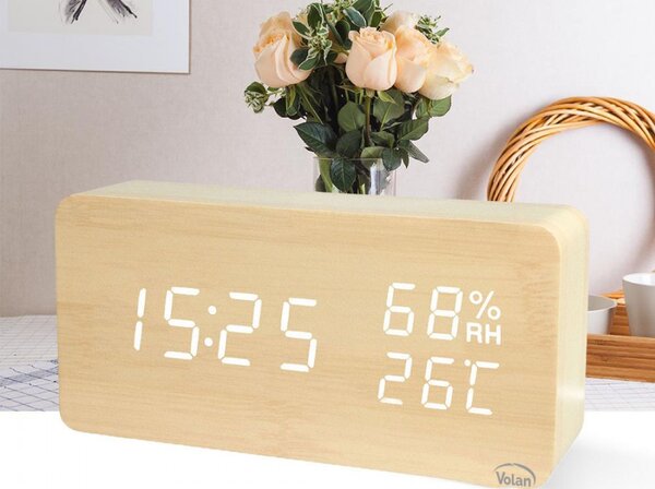 ZEGAR BUDZIK Elektroniczny LED Drewniany Stojący - DATA TERMOMETR HIGROMETR