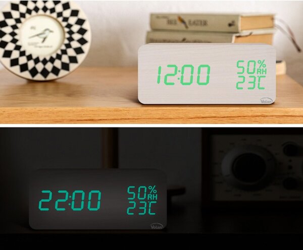 ZEGAR BUDZIK Elektroniczny LED Drewniany Stojący - DATA TERMOMETR HIGROMETR