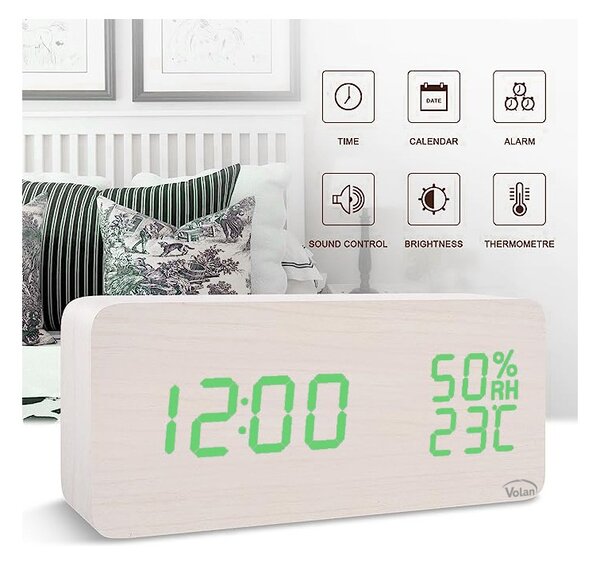 ZEGAR BUDZIK Elektroniczny LED Drewniany Stojący - DATA TERMOMETR HIGROMETR