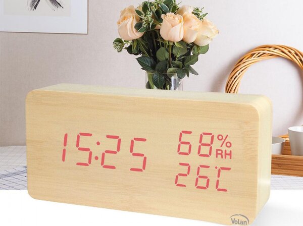 ZEGAR BUDZIK Elektroniczny LED Drewniany Stojący - DATA TERMOMETR HIGROMETR