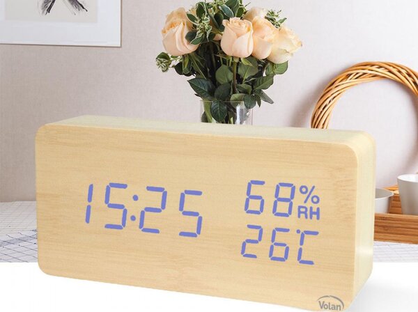 ZEGAR BUDZIK Elektroniczny LED Drewniany Stojący - DATA TERMOMETR HIGROMETR