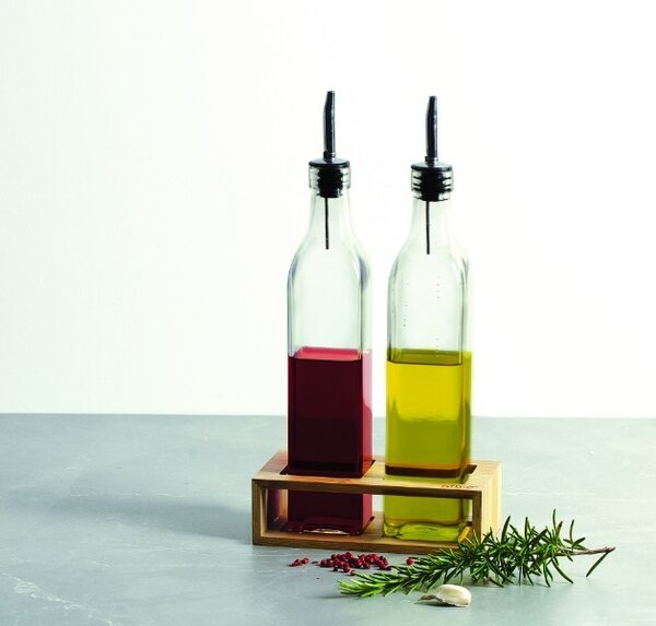 Butelki na olej i ocet w bambusowym stojaku GUSTO, 2x 480 ml