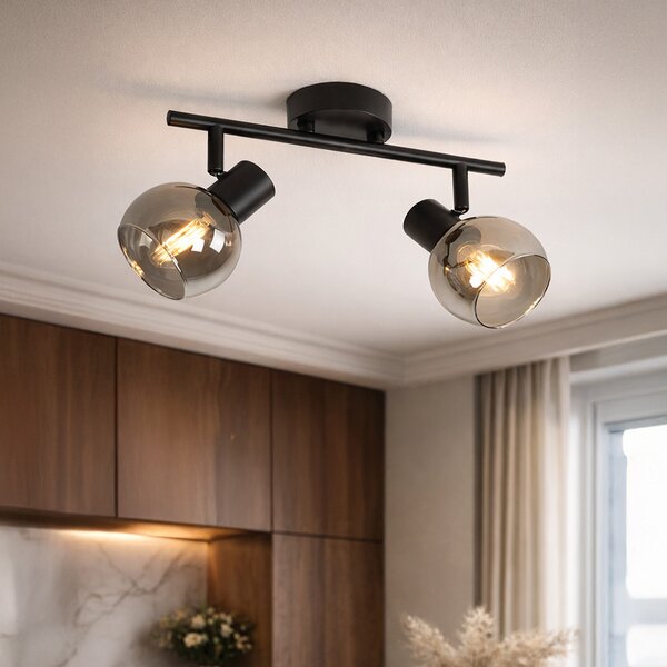 Lampa sufitowa Art Deco czarna z przydymionym szkłem 2-źródła światła - Vidro