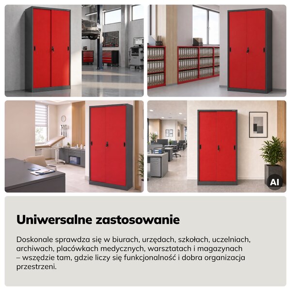 Szafa metalowa biurowa z drzwiami przesuwnymi antracytowo-czerwona, 900x1850x400 mm: KUBA