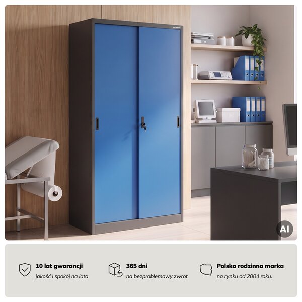 Szafa metalowa biurowa z drzwiami przesuwnymi antracytowo-niebieska, 900x1850x400 mm: KUBA