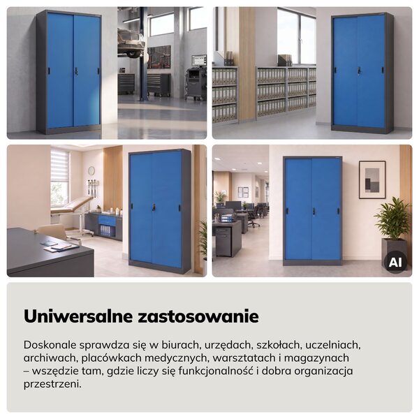 Szafa metalowa biurowa z drzwiami przesuwnymi antracytowo-niebieska, 900x1850x400 mm: KUBA