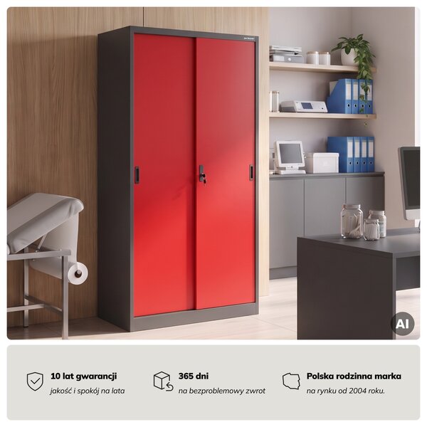 Szafa metalowa biurowa z drzwiami przesuwnymi antracytowo-czerwona, 900x1850x400 mm: KUBA