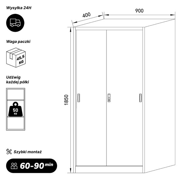 Szafa metalowa biurowa z drzwiami przesuwnymi szaro-niebieska, 900x1850x400 mm: KUBA