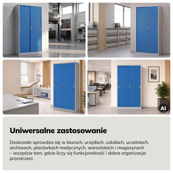 Szafa metalowa biurowa z drzwiami przesuwnymi szaro-niebieska, 900x1850x400 mm: KUBA