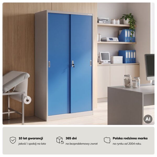 Szafa metalowa biurowa z drzwiami przesuwnymi szaro-niebieska, 900x1850x400 mm: KUBA