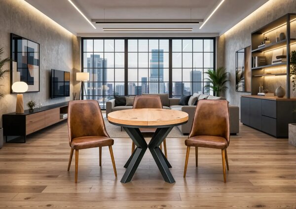 Stół okrągły rozkładany loft x fi 100 + 2 x 50 cm + Krzesła 4 OLO Skóra