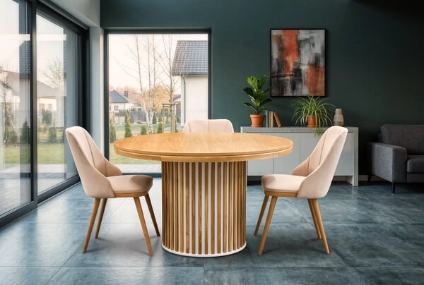 Stół LOFT O Fi 130 cm, rozkładany, wkładka 3x60cm + 6 krzeseł Tokyo