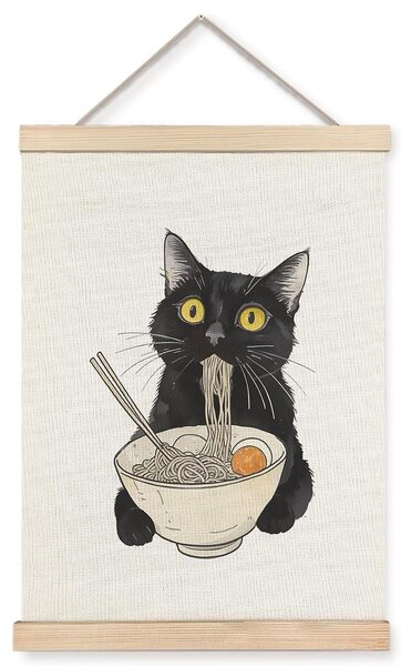 Plakat z motywem ramen (zupą japońską) i czarnym kotem, w ramie, 30x40 cm, idealny do kuchni