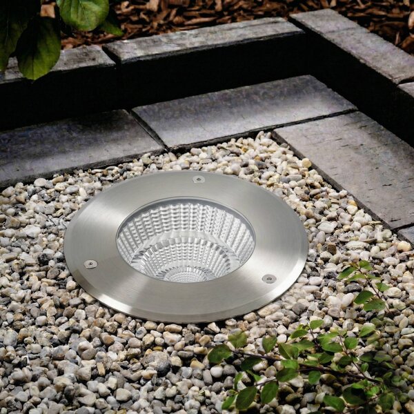 Arcchio LED – wpuszczany reflektor podłogowy Thentos, Ø 18 cm, 60°, nikiel, IP67 Thentos, aluminiowy / szary / cynkowy, stal szlachetna