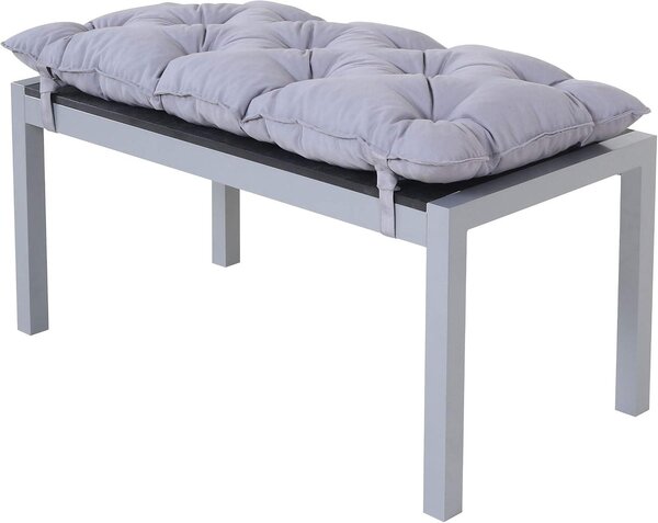 Ławka z aluminium z powierzchnią i poduszkami wykonanymi z materiału przypominającego drewno, o wymiarach 100 x 50 x 45 cm, przeznaczona do użytku na zewnątrz