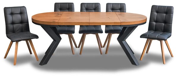 Stół loft X fi 100 + 2 x 50 cm + 6 krzeseł KW110 skóra naturalna