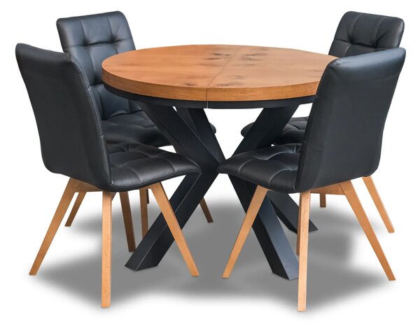 Stół loft X fi 100 + 2 x 50 cm + 6 krzeseł KW110 skóra naturalna