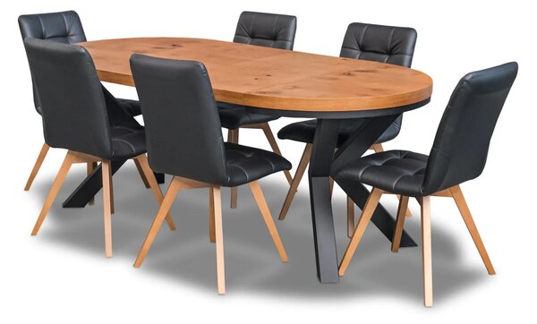 Stół loft X fi 100 + 2 x 50 cm + 6 krzeseł KW110 skóra naturalna