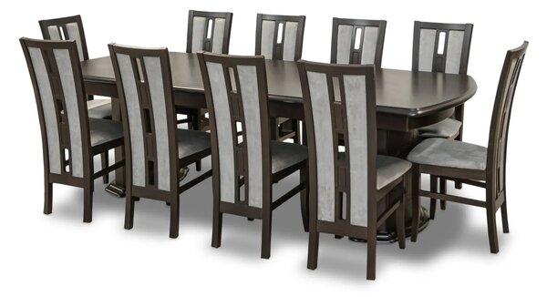 Stół Dalia standard orzech 250/100 + 2 x 50 cm + 8 krzeseł KJ44