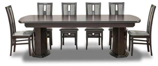 Stół Dalia standard orzech 250/100 + 2 x 50 cm + 8 krzeseł KJ44