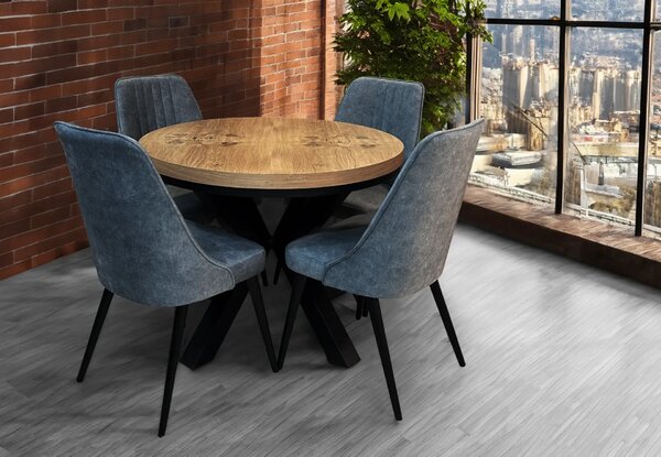 Stół LOFT X FI 100cm + 2x50cm+ 4 krzesła Olo z przeszyciami