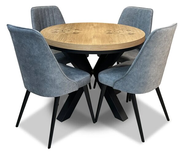 Stół LOFT X FI 100cm + 2x50cm+ 4 krzesła Olo z przeszyciami