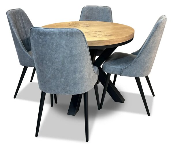 Stół LOFT X FI 100cm + 2x50cm+ 4 krzesła Olo z przeszyciami
