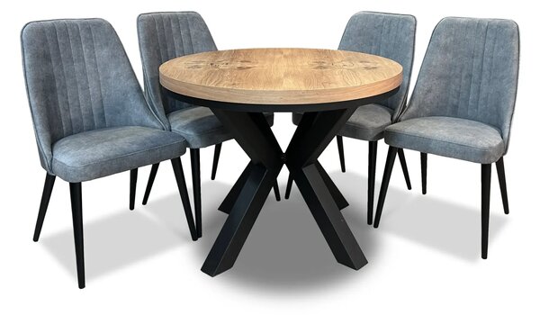 Stół LOFT X FI 100cm + 2x50cm+ 4 krzesła Olo z przeszyciami