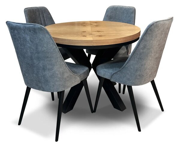 Stół LOFT X FI 100cm + 2x50cm+ 4 krzesła Olo z przeszyciami