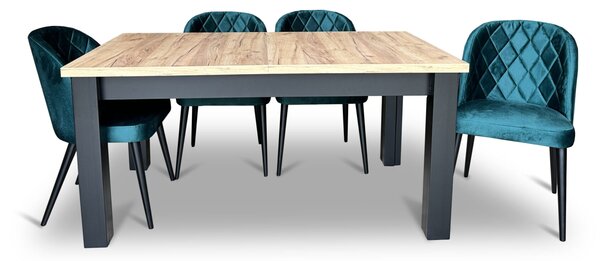 ZESTAW MEBLI: Designerski Stół rozkładany OKTO 160/90 + 4x 50 cm + 8 krzeseł Pepitka