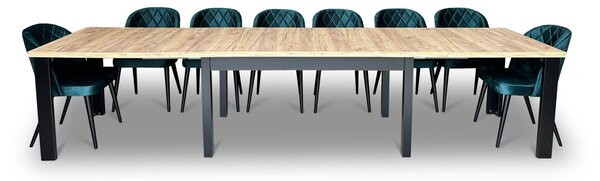 ZESTAW MEBLI: Designerski Stół rozkładany OKTO 160/90 + 4x 50 cm + 8 krzeseł Pepitka