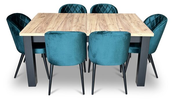 ZESTAW MEBLI: Designerski Stół rozkładany OKTO 160/90 + 4x 50 cm + 8 krzeseł Pepitka