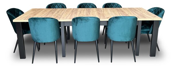 ZESTAW MEBLI: Designerski Stół rozkładany OKTO 160/90 + 4x 50 cm + 8 krzeseł Pepitka