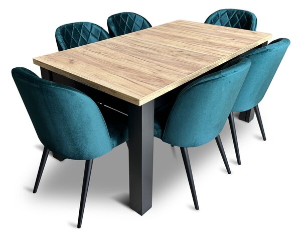 ZESTAW MEBLI: Designerski Stół rozkładany OKTO 160/90 + 4x 50 cm + 8 krzeseł Pepitka