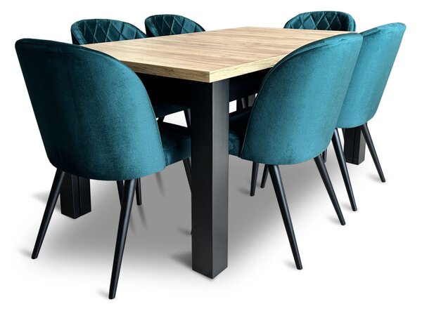 ZESTAW MEBLI: Designerski Stół rozkładany OKTO 160/90 + 4x 50 cm + 8 krzeseł Pepitka