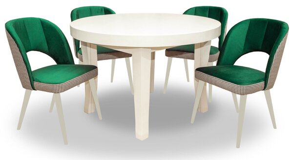 ZESTAW MEBLI: Stół okrągły Kloze 110 + 40 cm + 4 krzesła KW 112 Pepitka