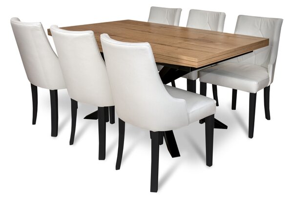 Zestaw mebli: Stół rozkładany SJ50 160/90 + 2x40 cm + 6 krzeseł KW100 Skóra naturalna