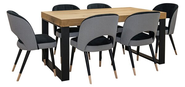 Designerski Stół rozkładany SJ51 140/80 + 40 cm wkładka + 6 krzeseł KW112 Pepitka