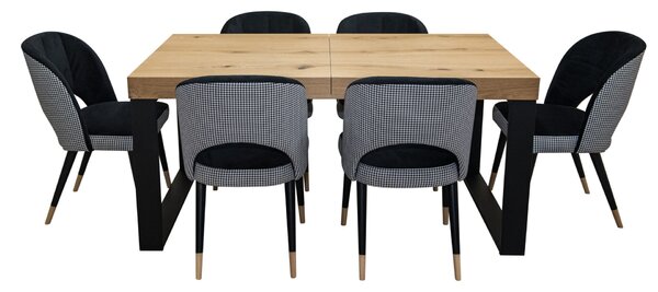 Designerski Stół rozkładany SJ51 140/80 + 40 cm wkładka + 6 krzeseł KW112 Pepitka