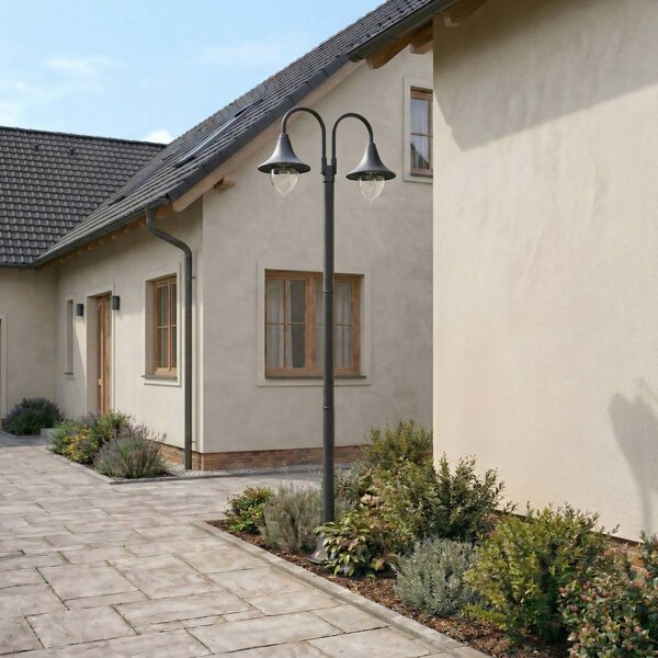 Lampa zewnętrzna Lindby Madea, szara, 2-punktowa, 212 cm, E27, IP44 Madea Lindby, możliwość ściemniania, czarny, aluminium, nowoczesny