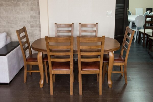 Stół rozkładany 160+2x40 cm Ludwik + 6 Krzeseł CORTEZ Skóra Naturalna