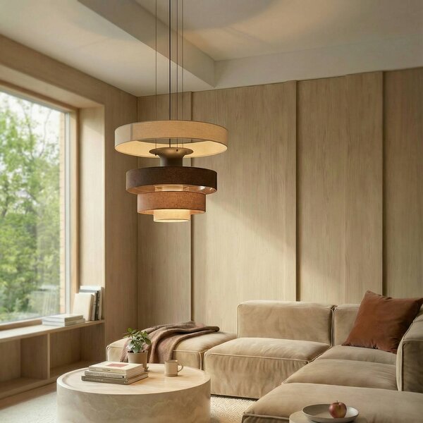 Lampa wisząca Peldano Lucande, możliwość ściemniania, brązowy / rdzawy, salon / jadalnia, tkanina / materiał / jedwab, nowoczesny
