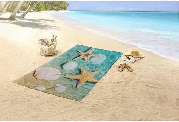 Niebiesko-beżowy aksamitny ręcznik plażowy 100x180 cm Beachvibe – Good Morning