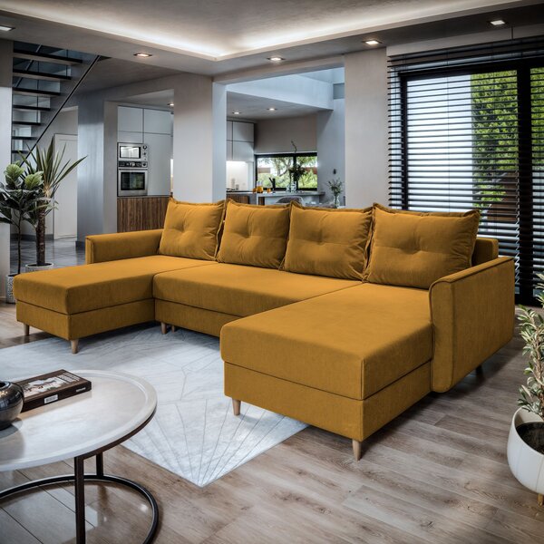 Masseno Narożnik VERNI z funkcją spania i pojemnikiem na pościel Narozniki U, Rozkładana sofa - Żółty, KRONOS 01