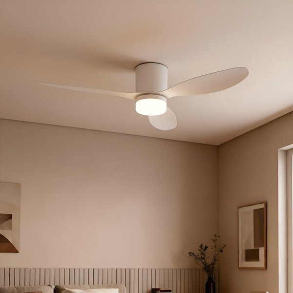 Wentylator sufitowy LED Kayu, biały, DC, cichy, Ø 132 cm – Lucande Lucande, Kayu, biały, salon, tworzywo sztuczne, nowoczesny