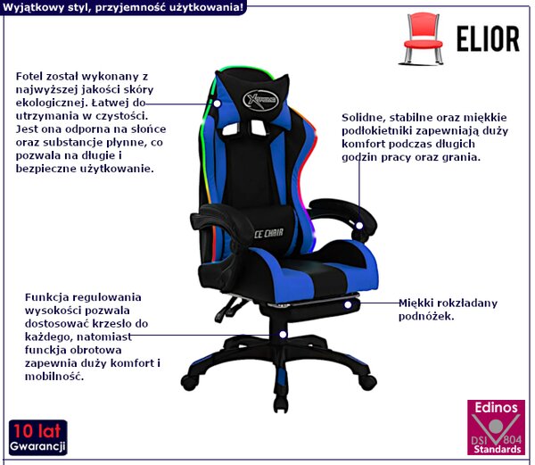 Czarno-niebieski fotel gamingowy z podnóżkiem i diodami LED T2-C28