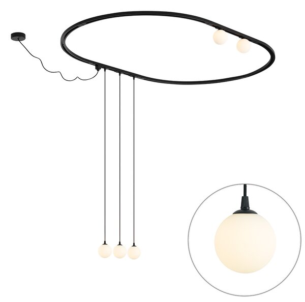 Nowoczesny owalny system szynowy czarny z 3 lampami wiszącymi i 2 lampami sufitowymi białymi 1-fazowy - Iconic Perle