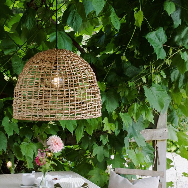 PR Home lampa wisząca zewnętrzna Cebu, Ø 46 cm, kabel 2,5 m, IP44 możliwość ściemniania, jasne drewno, drewno, dworkowy / rustykalny