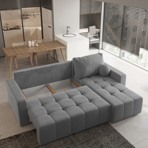 Masseno Narożnik VOLIRA z funkcją spania i pojemnikiem na pościel Narozniki L, Rozkładana sofa - Szary, KRONOS 15