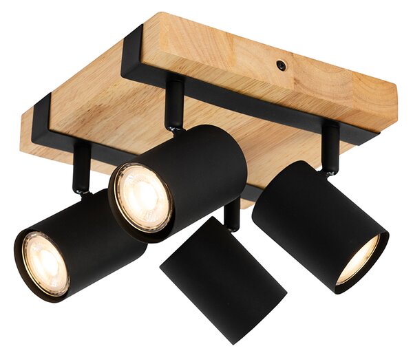 Lampa sufitowa czarna z drewnem 4-punktowa regulowana prostokątna - Jeana